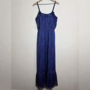 Vintage Express Metallic Floral Sleeveless Ruffle Tiered Maxi Dress Large Purple